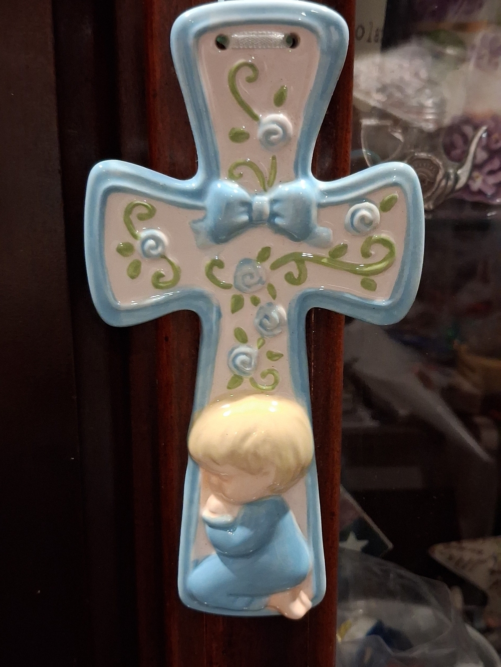 Porcelain Blue Cross Wall Accent with Praying Child - Brand